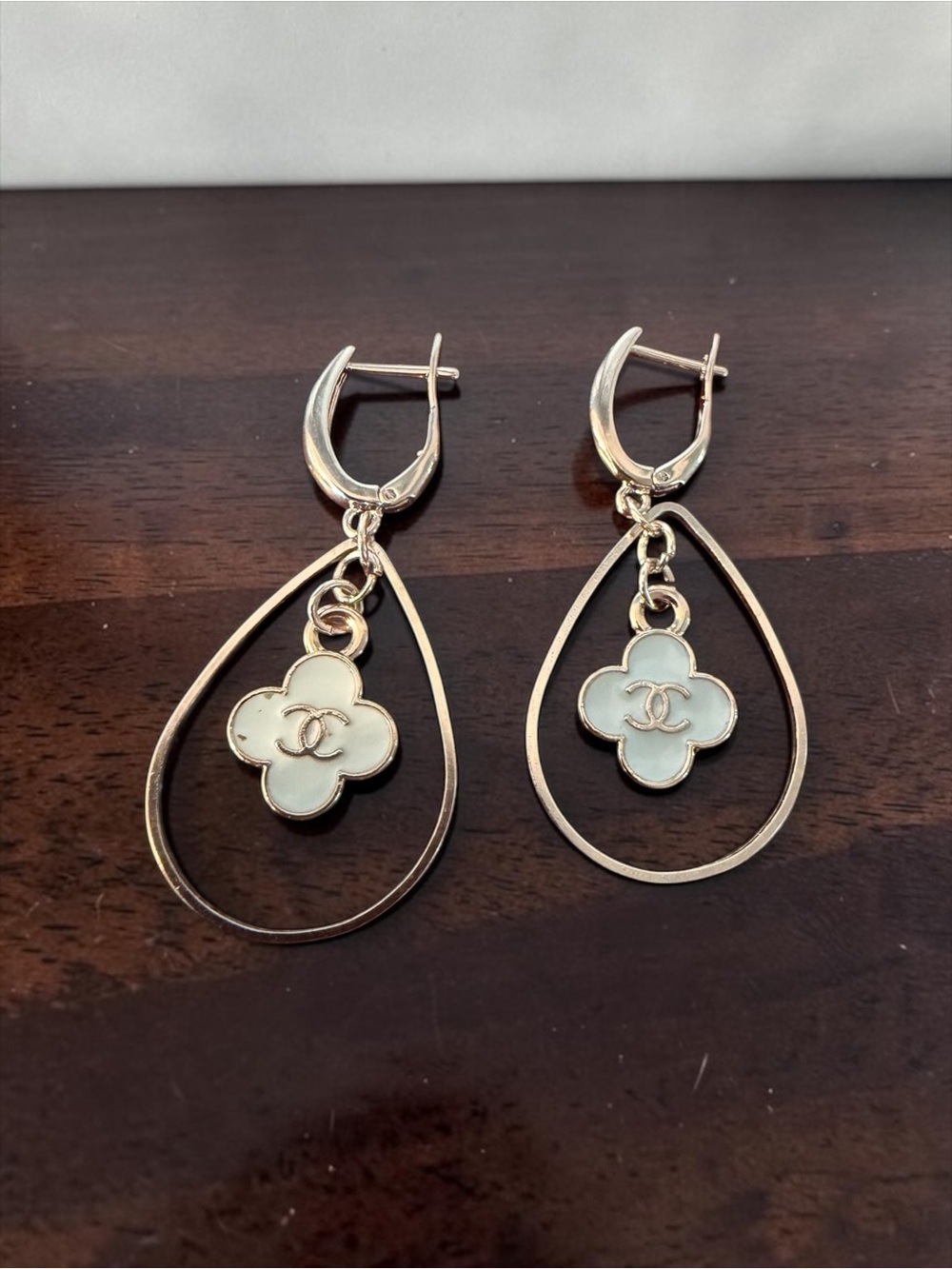 Chanel UPCYCLED light blueTeardrop Earrings with White Clover Charm